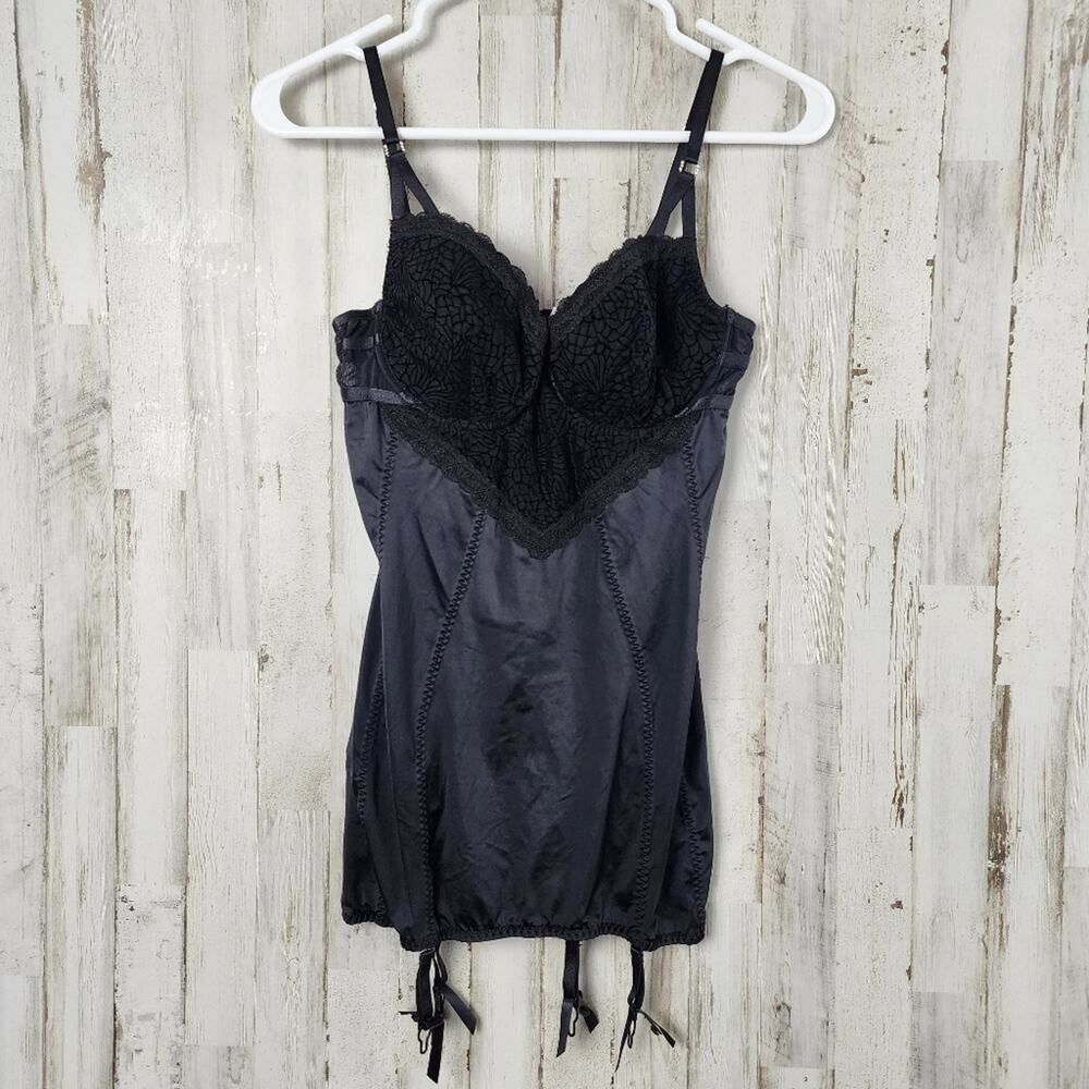 Maidenform Lace Panel Garter Slip Shapewear Black Size 34D